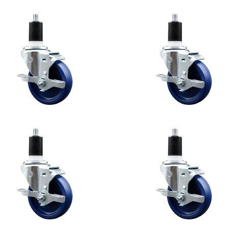 Service Caster 4'' SS Solid Poly Swivel 1-1/2'' Expanding Stem Caster Set with Brake, 4PK SCC-SSEX20S414-SPUS-TLB-112-4